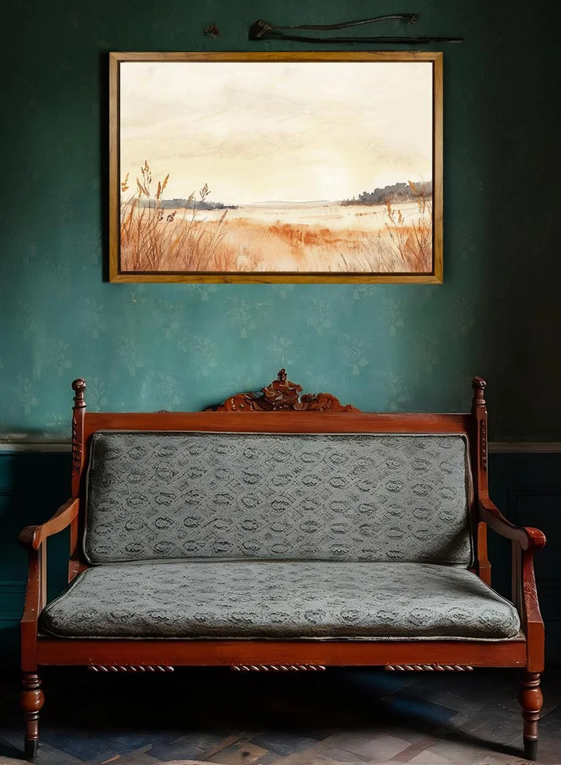 LOWHA Canvas Wall Art Stretched Over Wooden Frame with Wooden Color Floating Frame and Vintage Style Field of Serenity Painting