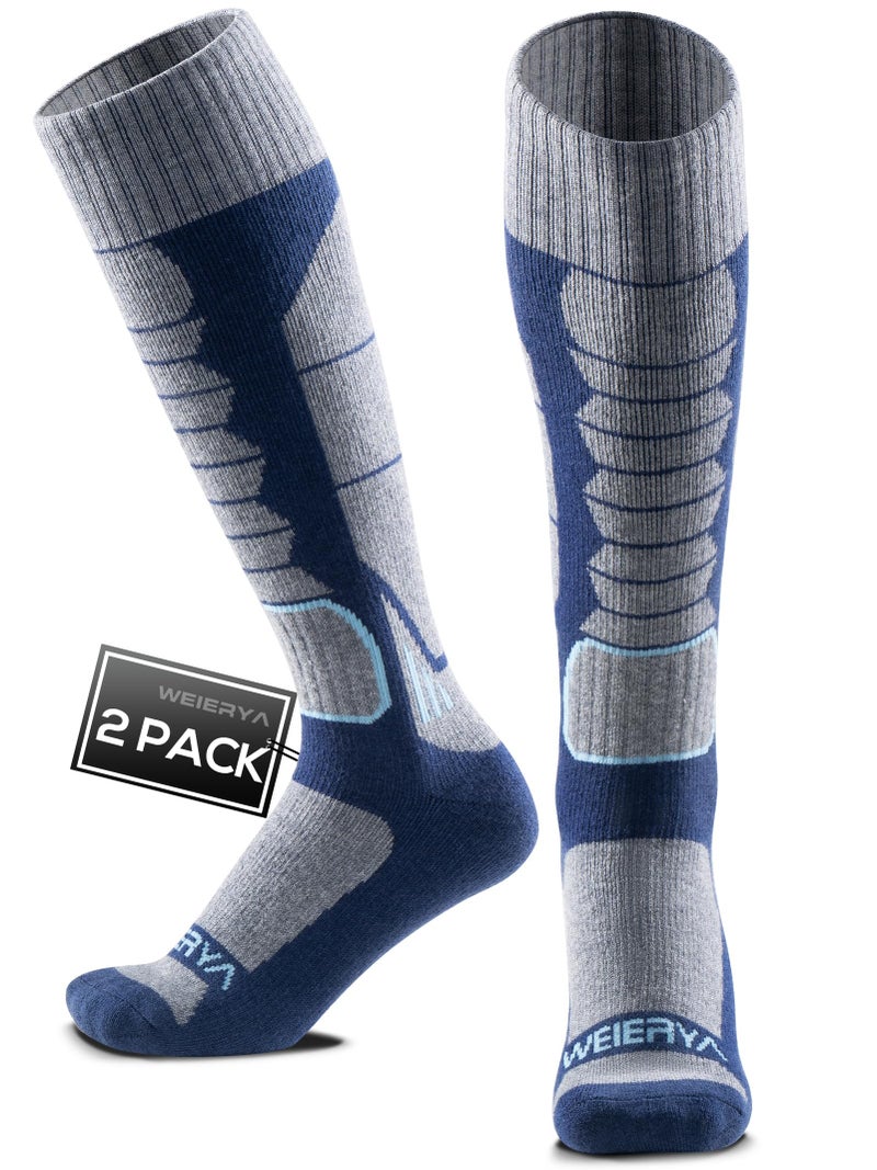 WEIERYA Ski Sock Merino Wool Ski Socks Mens Womens Skiing & Snowboarding Socks, Over The Calf, Blue Large 2 Items - Image 1