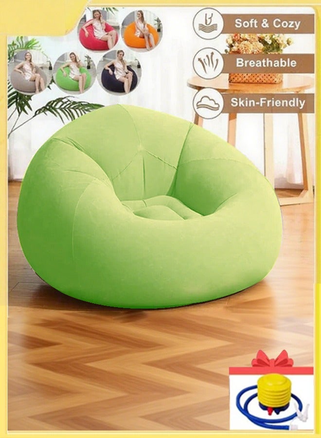 Generic New inflatable sofa Flocking inflatable lazy ball sofa Small household single sofa leisure entertainment stool Folding outdoor leisure sofa bed Send inflatable pump Sofa Color: green  - Image 1