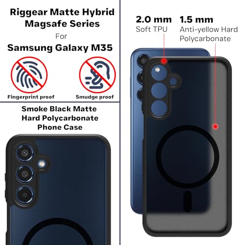 RIGGEAR Shockproof Sleek Hybrid Armor Back Cover Case Compatible with MagSafe Accessories for Samsung Galaxy M35 5G (Smoke Black Matte PC + Black TPU Bumper) - Image 3