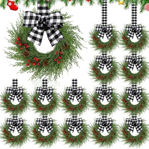 Knitgrip 20 Pcs 9 Small Christmas Kitchen Cabinet Wreaths with Plaid Bow Ribbon Mini Hanging Christmas Wreath Artificial Greenery Wreath for Cabinet Front Porch Wall Black White Buffalo Plaid - Image 1