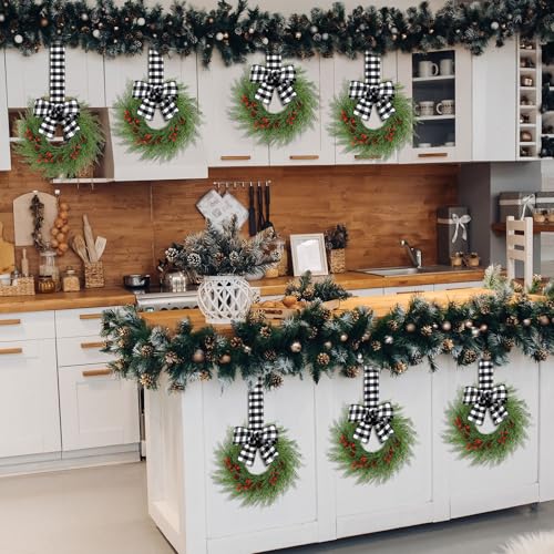 Knitgrip 20 Pcs 9 Small Christmas Kitchen Cabinet Wreaths with Plaid Bow Ribbon Mini Hanging Christmas Wreath Artificial Greenery Wreath for Cabinet Front Porch Wall Black White Buffalo Plaid - Image 3