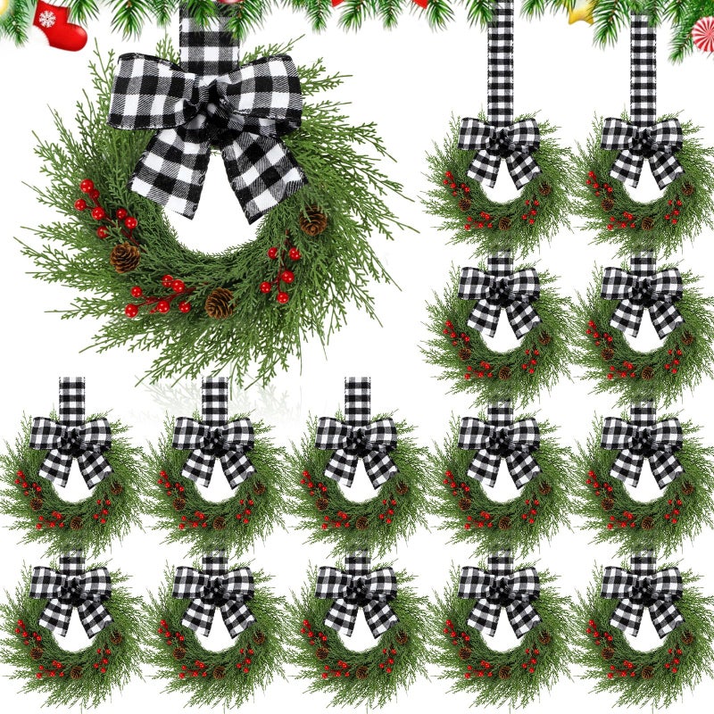 Knitgrip 20 Pcs 9 Small Christmas Kitchen Cabinet Wreaths with Plaid Bow Ribbon Mini Hanging Christmas Wreath Artificial Greenery Wreath for Cabinet Front Porch Wall Black White Buffalo Plaid - Image 2
