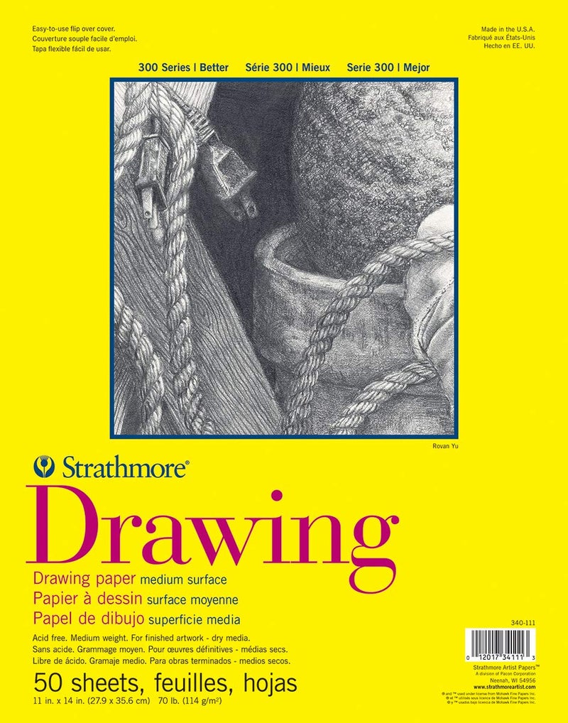 Strathmore 300 Series Drawing Paper Pad Glue Bound 11x14 inches 50 Sheets 70lb114g Artist Paper for Adults and Students Charcoal Colored Pencil Ink Pastel Marker