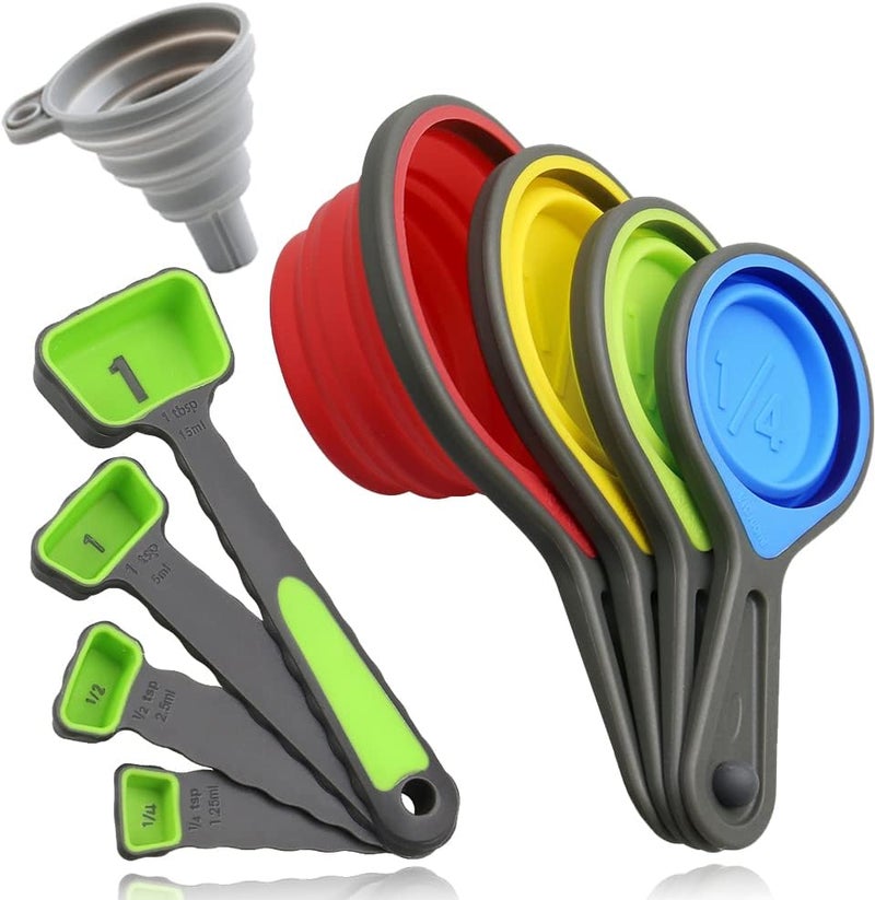 leepiya Measuring Cups and Spoons set, Collapsible Measuring Cups, 8 piece Measuring Tool Engraved Metric/US Markings for Liquid & Dry Measuring, Space Saving, BPA Free Silicone, Colorful - Image 2