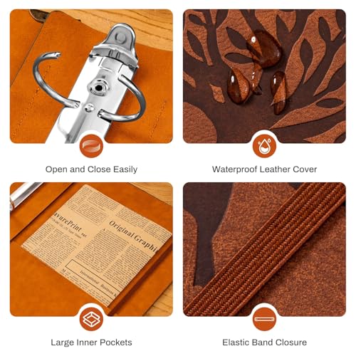 Ovesmusl PU Leather 3 Ring Binder Fits 8.5"x11" Letter Size Paper, 2 Inch Round Ring Binder Holds 500 Sheets, Notepad Paper Cover Loose Leaf Organizer, Brown Tree - Image 5