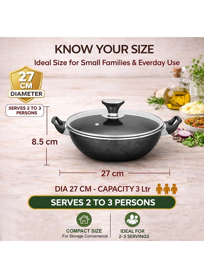 سونكس مقلاة طهي سونيكس مع غطاء زجاجي 27 سم وسعة 3 لتر، طلاء تيفلون غير لاصق خالٍ من مادة PFOA ومقبض مقاوم للحرارة من الباكليت، متين، هيكل طويل الأمد، تسخين متساوي، سهل التنظيف. - Image 2