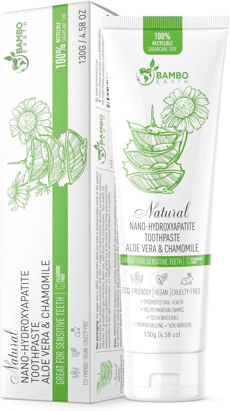 BAMBOEARTH Natural Fluoride Free Toothpaste  Nano Hydroxyapatite Remineralizing Sensitive Teeth Whitening  Zero Waste Tube  Dentist Recommended for Adult  Kids Oral Aloe Vera  Chamomile Single Aloe - Image 1