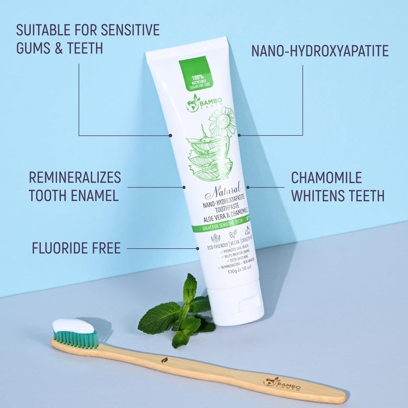 BAMBOEARTH Natural Fluoride Free Toothpaste  Nano Hydroxyapatite Remineralizing Sensitive Teeth Whitening  Zero Waste Tube  Dentist Recommended for Adult  Kids Oral Aloe Vera  Chamomile Single Aloe - Image 2