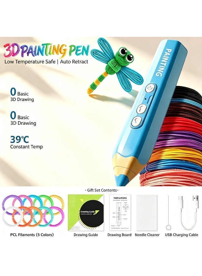 3D Printing Pen for Kids, Low Temperature Anti-Scald 3D Drawing Pen with 5 Colors PCL Filament, Auto Feeding & Back Feeding, USB Charging, DIY Creative Educational Toy for Children - Image 1