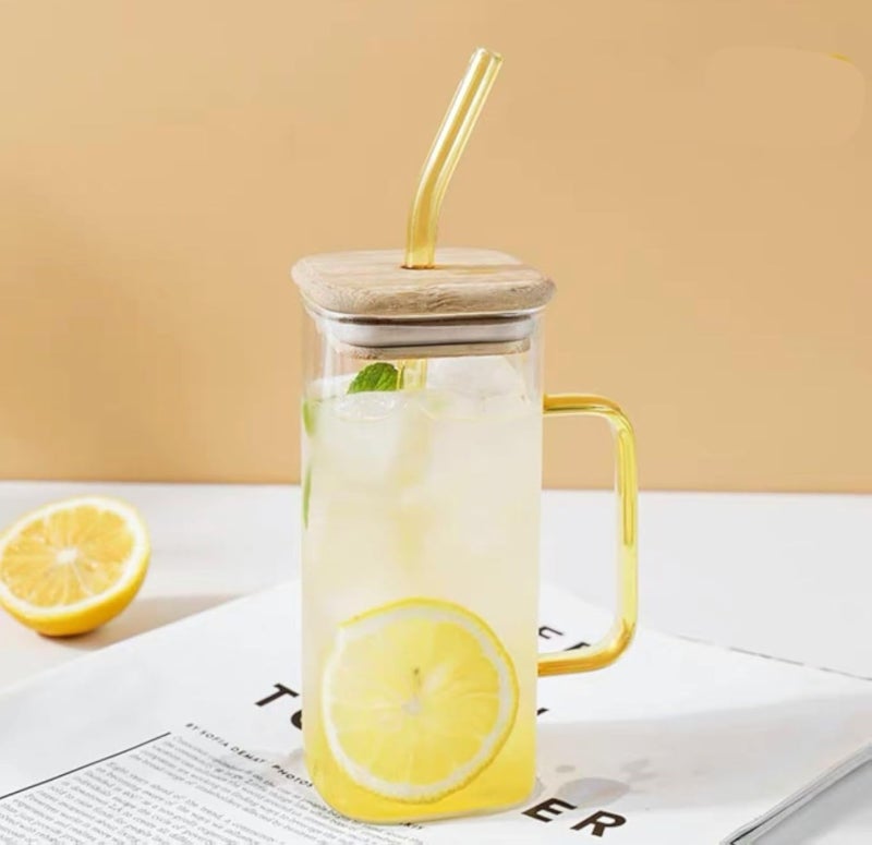 كوب بايركس مربع سعة 13.5 أونصة مع غطاء خشبي وغطاء شمعي أو بدون نار مباشرة، للعصائر أو الكوكتيلات أو شاي الكابتشينو أو المشروبات الساخنة المثلجة (بني، غطاء خشبي وغطاء شمعي)