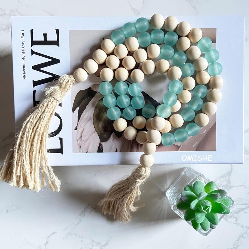 OMISHE Wood Bead Garland with Tassels 52 Inches, Handmade Wooden Beads with Round Acrylic Beads, Boho Wooden Beads Home Decor, Farmhouse Beads Garland for Tiered Tray Decor Beach Decor Green - Image 2