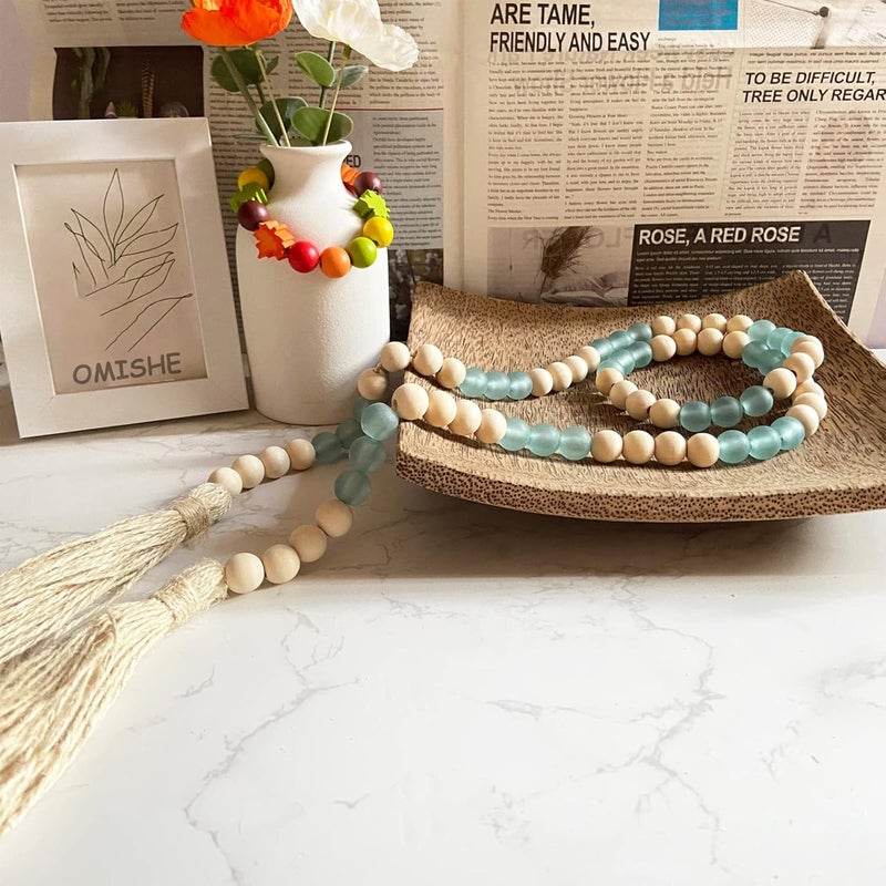 OMISHE Wood Bead Garland with Tassels 52 Inches, Handmade Wooden Beads with Round Acrylic Beads, Boho Wooden Beads Home Decor, Farmhouse Beads Garland for Tiered Tray Decor Beach Decor Green - Image 3