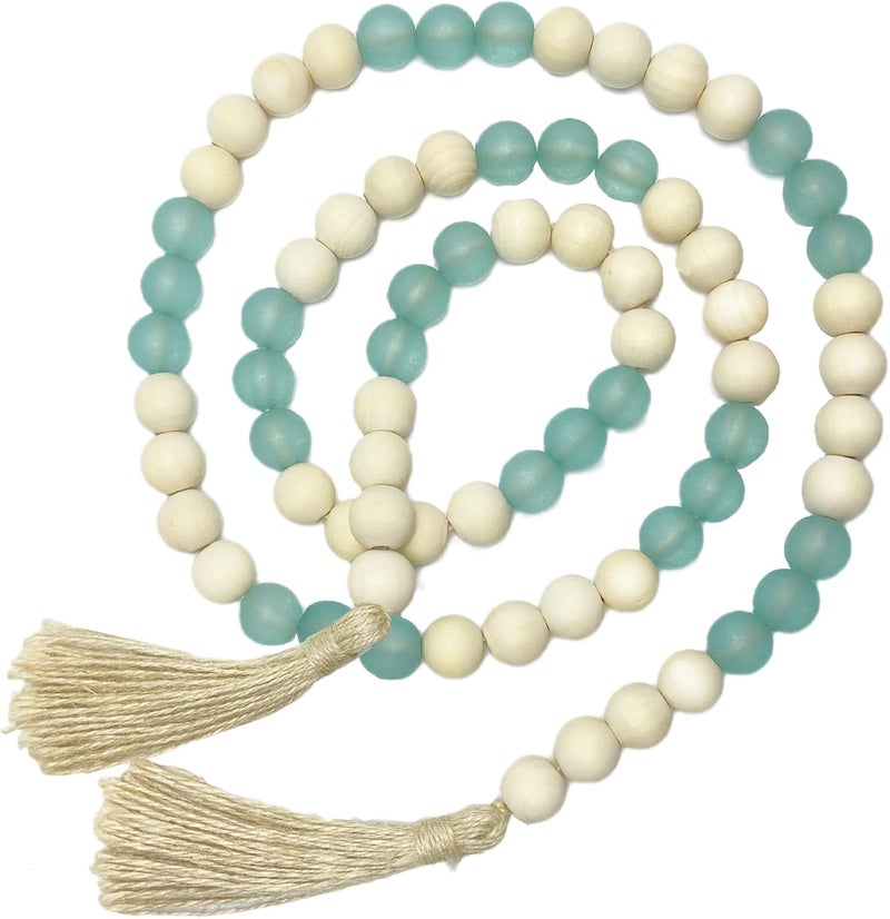 OMISHE Wood Bead Garland with Tassels 52 Inches, Handmade Wooden Beads with Round Acrylic Beads, Boho Wooden Beads Home Decor, Farmhouse Beads Garland for Tiered Tray Decor Beach Decor Green - Image 1