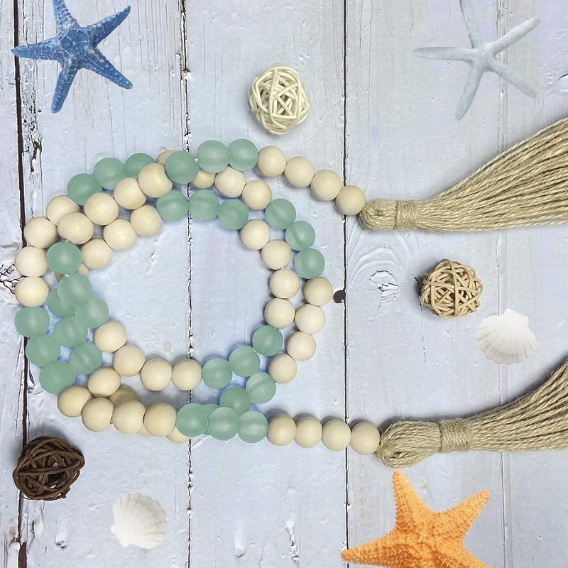 OMISHE Wood Bead Garland with Tassels 52 Inches, Handmade Wooden Beads with Round Acrylic Beads, Boho Wooden Beads Home Decor, Farmhouse Beads Garland for Tiered Tray Decor Beach Decor Green - Image 4
