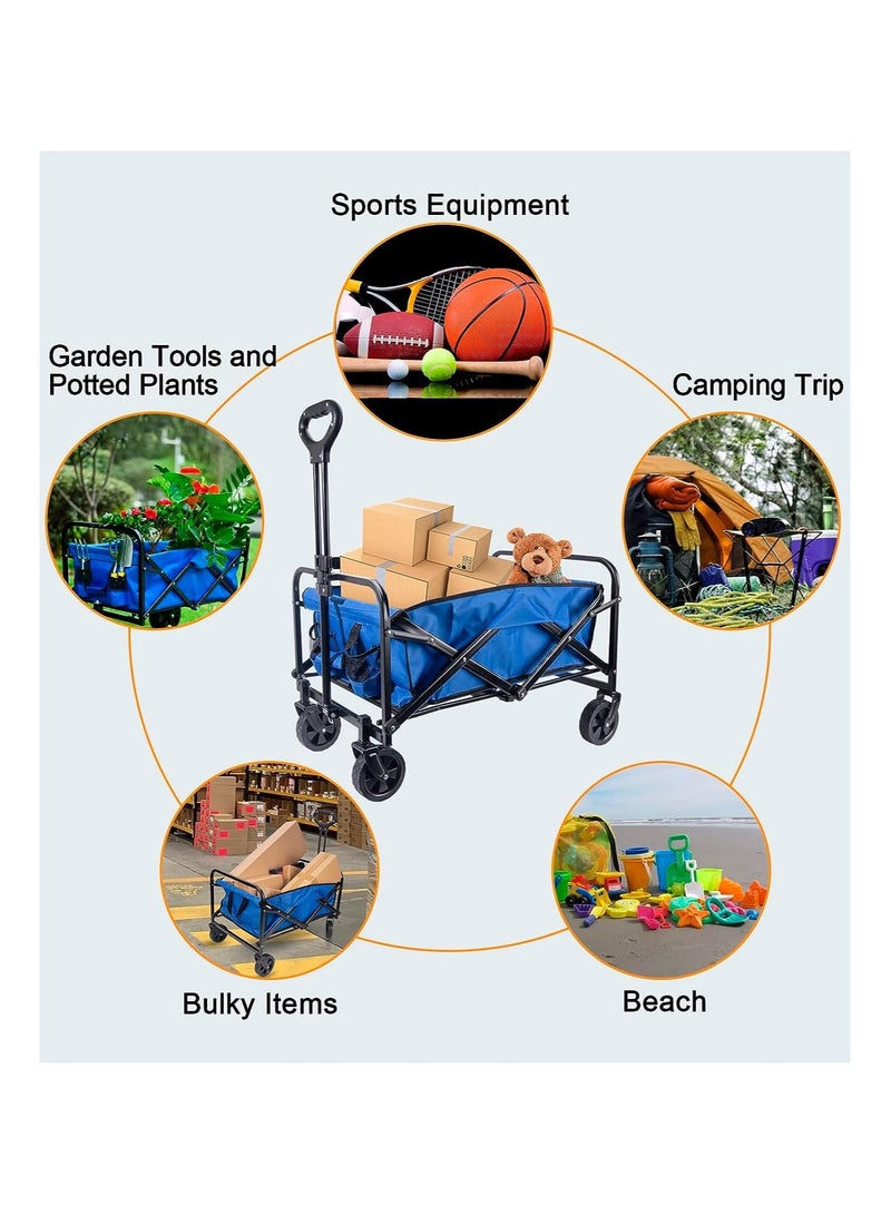 Generic Handcart Foldaway Folding Wagon Collapsible Steel Frame Multipurpose mesh cart Festival Trolley Suitable for All Terrain Load Blue  - Image 1