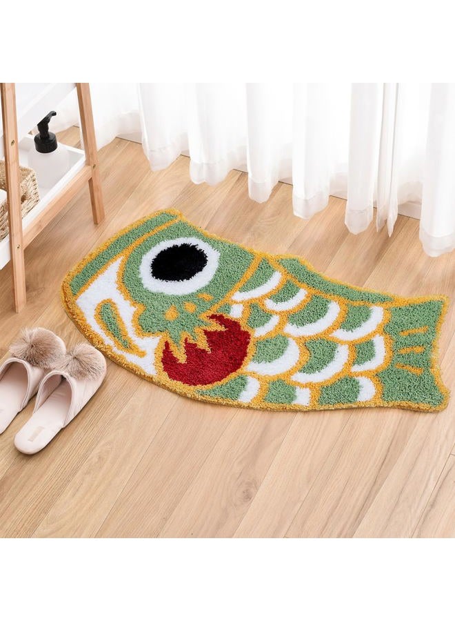 Feblilac Green Fish Koi Bathroom Rug, Japanese Style Bath Rug, Fun Washable Bathroom Mat, Microfiber Bath Mats for Bathroom Living Room Fast Dry - Image 1