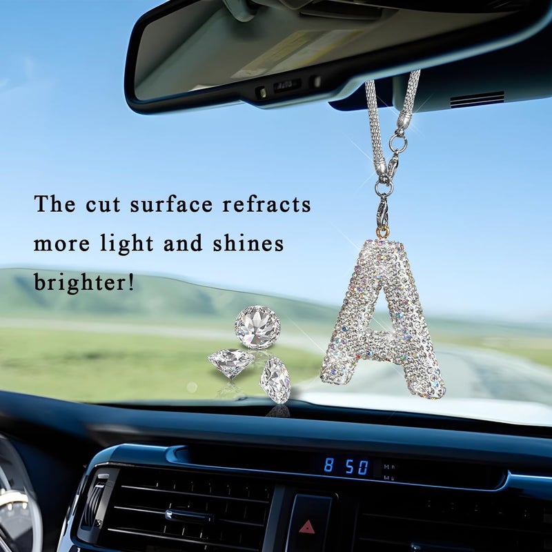 DXNQ Bling Initial Car Rear View Mirror Ornament, Crystal Sparkling Cute Letter Charm Pendant Auto Decor, Hanging Lucky Diamond Initial Charm Car Mirror Bag Ornament for Girl Women (Letter A) - Image 3