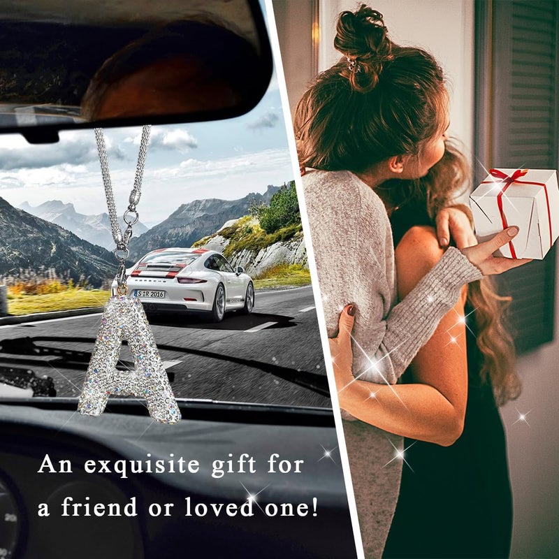 DXNQ Bling Initial Car Rear View Mirror Ornament, Crystal Sparkling Cute Letter Charm Pendant Auto Decor, Hanging Lucky Diamond Initial Charm Car Mirror Bag Ornament for Girl Women (Letter A) - Image 5