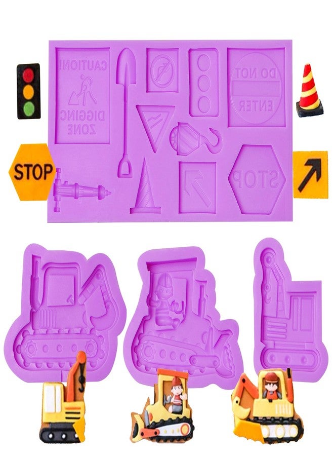 acvcatto 4 Pcs Excavator Chocolate Molds, Construction Site Crane Bulldozer Silicone Fondant Molds, Forklift Construction Sign Candy Baking Molds for Cake Decoration Gum Paste Clay DIY Craft Resin - Image 1