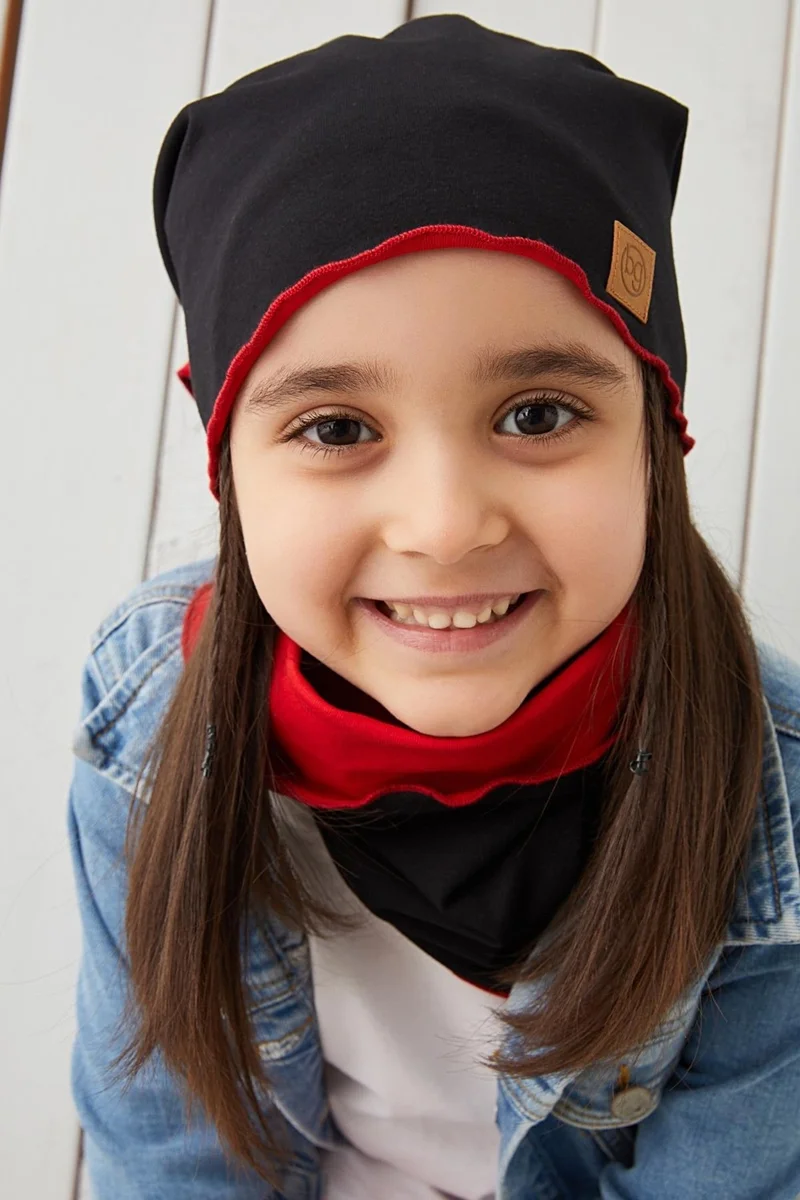 بيبيجيز Black Red Kids Baby Beanie Neck Collar Set Soft 100% Cotton Combed Cotton Elite Series