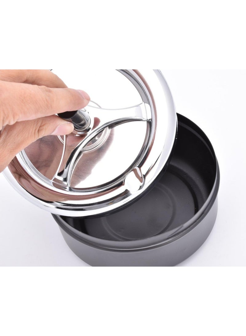 Round Push Down Ashtray with Spinning Tray Metal Cigarette Ash Tray Large 5.2 Inches Home Ashtray for Outside Patio - Black - Image 5