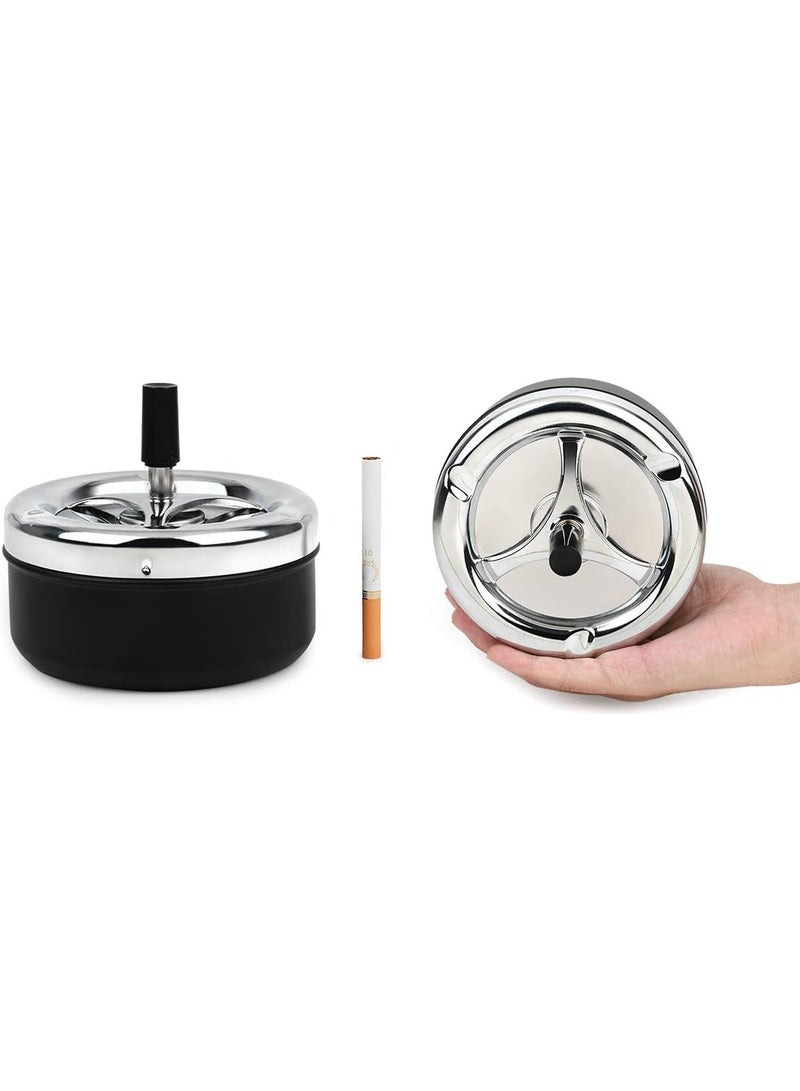 Round Push Down Ashtray with Spinning Tray Metal Cigarette Ash Tray Large 5.2 Inches Home Ashtray for Outside Patio - Black - Image 3
