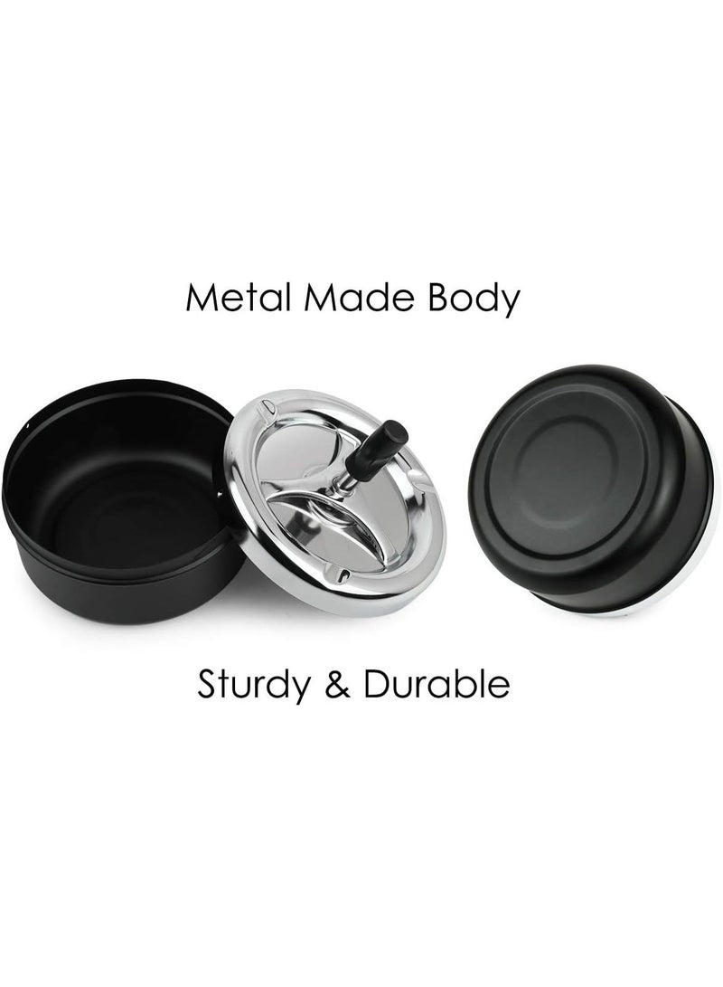 Round Push Down Ashtray with Spinning Tray Metal Cigarette Ash Tray Large 5.2 Inches Home Ashtray for Outside Patio - Black - Image 2