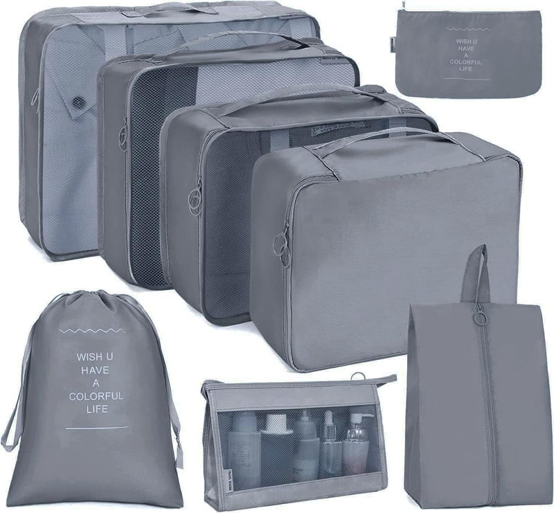 Oceanevo 8 Pcs Packing Cubes for Travel, Travel Organizer Bags for Luggage, Suitcase with Toiletry Pouch and Shoe Bag - Set of 8 - Grey - Image 1