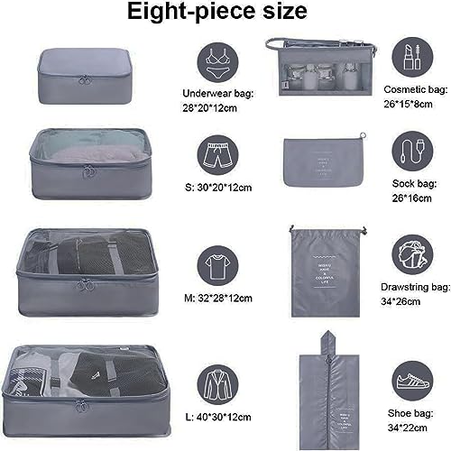 Oceanevo 8 Pcs Packing Cubes for Travel, Travel Organizer Bags for Luggage, Suitcase with Toiletry Pouch and Shoe Bag - Set of 8 - Grey - Image 2