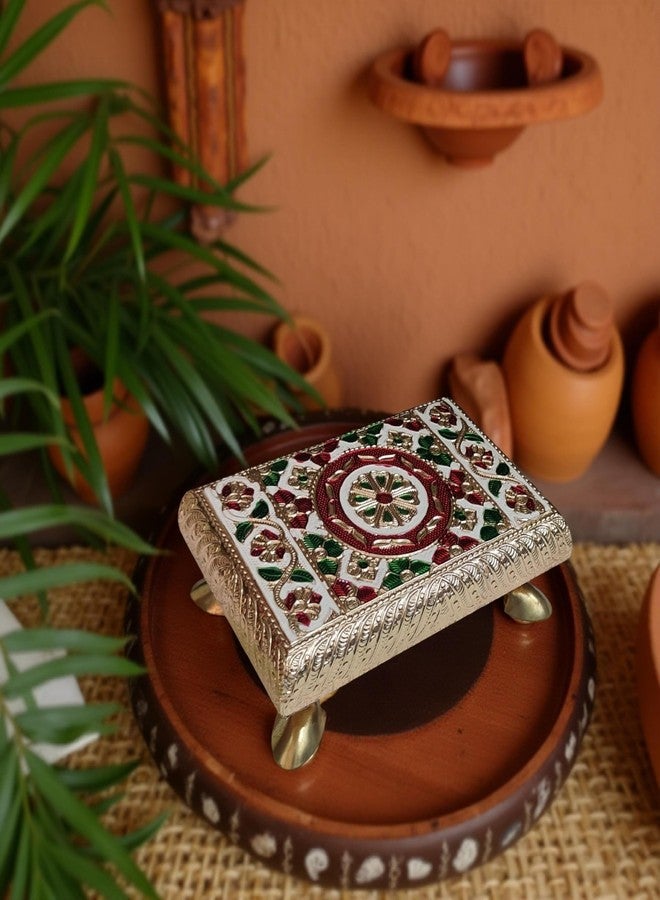 DHARNIX Handcrafted Wooden Meenakari Puja Chowki (6x4 Inch) | Decorative Bajot for Mandir, Home Temple, Festival & Rituals | Ideal for Placing Idols, Pooja Thali, Kalash & Diyas (Pack of 1) - Image 5