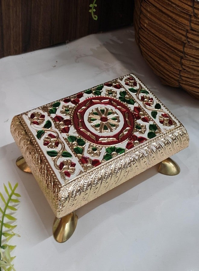 DHARNIX Handcrafted Wooden Meenakari Puja Chowki (6x4 Inch) | Decorative Bajot for Mandir, Home Temple, Festival & Rituals | Ideal for Placing Idols, Pooja Thali, Kalash & Diyas (Pack of 1) - Image 1