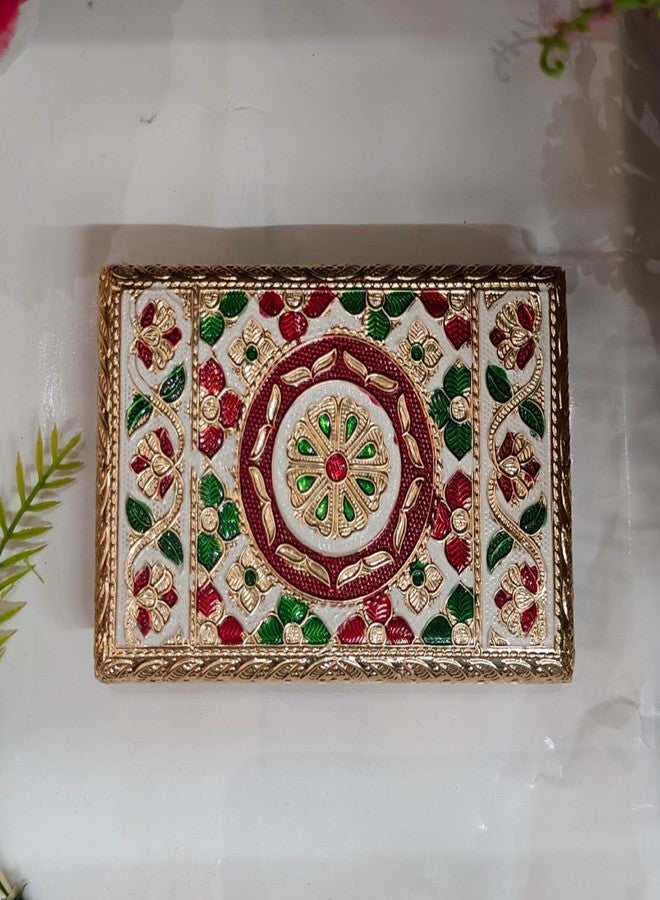 DHARNIX Handcrafted Wooden Meenakari Puja Chowki (6x4 Inch) | Decorative Bajot for Mandir, Home Temple, Festival & Rituals | Ideal for Placing Idols, Pooja Thali, Kalash & Diyas (Pack of 1) - Image 4