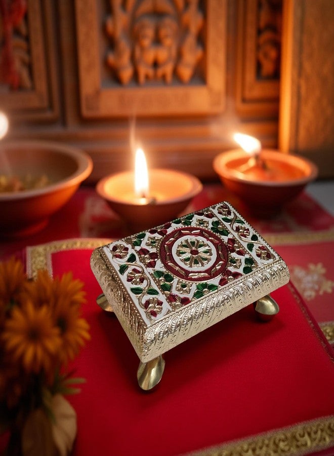 DHARNIX Handcrafted Wooden Meenakari Puja Chowki (6x4 Inch) | Decorative Bajot for Mandir, Home Temple, Festival & Rituals | Ideal for Placing Idols, Pooja Thali, Kalash & Diyas (Pack of 1) - Image 3