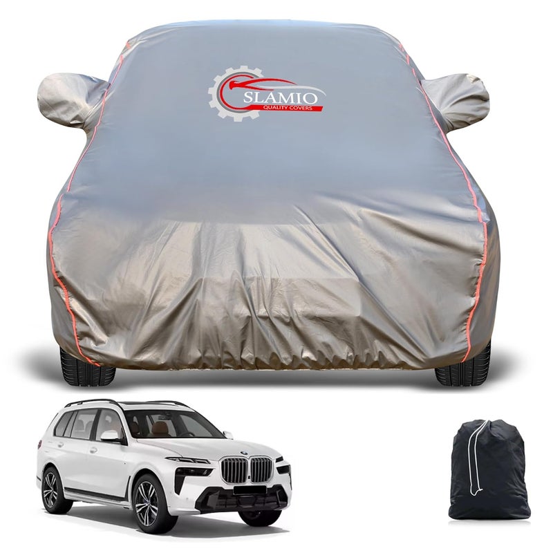 Slamio Heavy-Duty Car Body Cover for BMW X7 | Waterproof, Dustproof, UV Protection, Custom Fit, Heavy Belt & Buckle with Mirror & Antenna Pocket | Dark Grey - Image 1