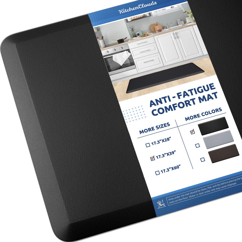 KitchenClouds Cushioned Anti Fatigue Kitchen Rug 173x39 Waterproof Non Slip Standing Desk Mat Comfort Floor Mat for Kitchen House Sink Office Black