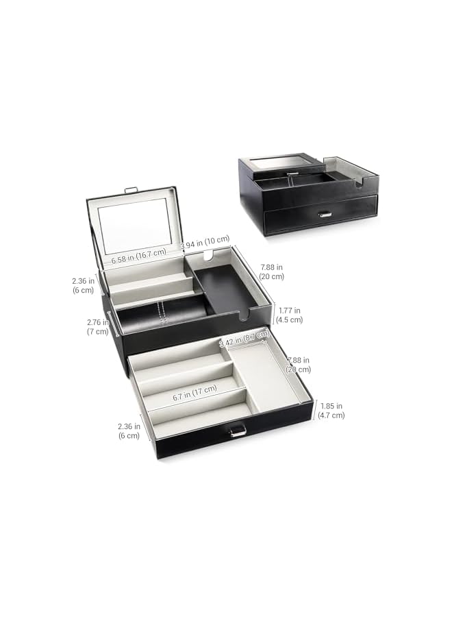 Green Tiger Valet Tray for Men, Faux Leather Nightstand Organizers Mens Jewelry Tray with Glass Lid Dump Catchall Trays Bedroom Side Table Dresser Top Organizer -2 Layers, Black - Image 3