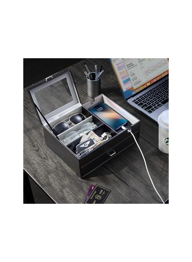 Green Tiger Valet Tray for Men, Faux Leather Nightstand Organizers Mens Jewelry Tray with Glass Lid Dump Catchall Trays Bedroom Side Table Dresser Top Organizer -2 Layers, Black - Image 5