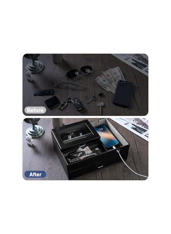 Green Tiger Valet Tray for Men, Faux Leather Nightstand Organizers Mens Jewelry Tray with Glass Lid Dump Catchall Trays Bedroom Side Table Dresser Top Organizer -2 Layers, Black - Image 2