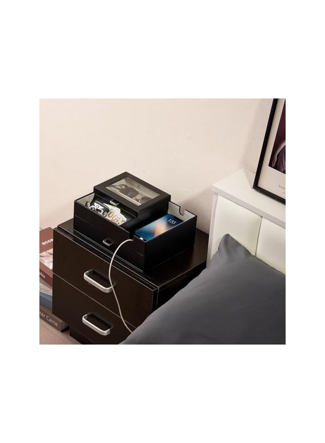 Green Tiger Valet Tray for Men, Faux Leather Nightstand Organizers Mens Jewelry Tray with Glass Lid Dump Catchall Trays Bedroom Side Table Dresser Top Organizer -2 Layers, Black - Image 4