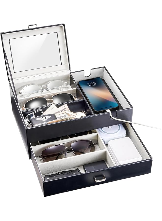 Green Tiger Valet Tray for Men, Faux Leather Nightstand Organizers Mens Jewelry Tray with Glass Lid Dump Catchall Trays Bedroom Side Table Dresser Top Organizer -2 Layers, Black - Image 1