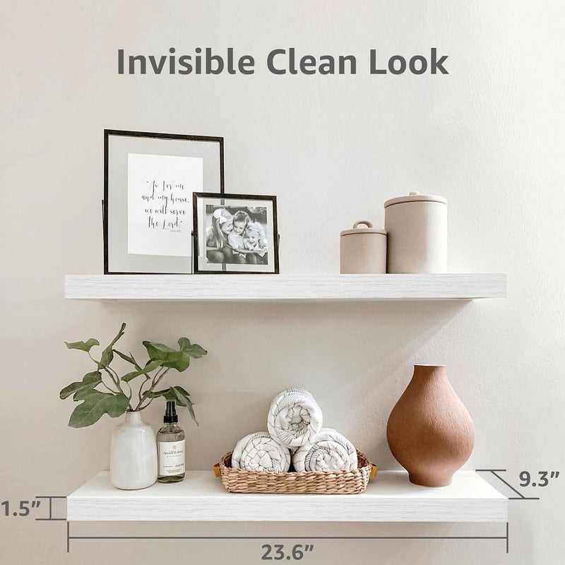 QEEIG White Floating Shelves Wall Shelf 24 inches Long Bathroom Bedroom Kitchen Living Room Mounted Shelve Set of 2 Modern Shelfs 9.3" D x 23.6" W (008-60W) - Image 3