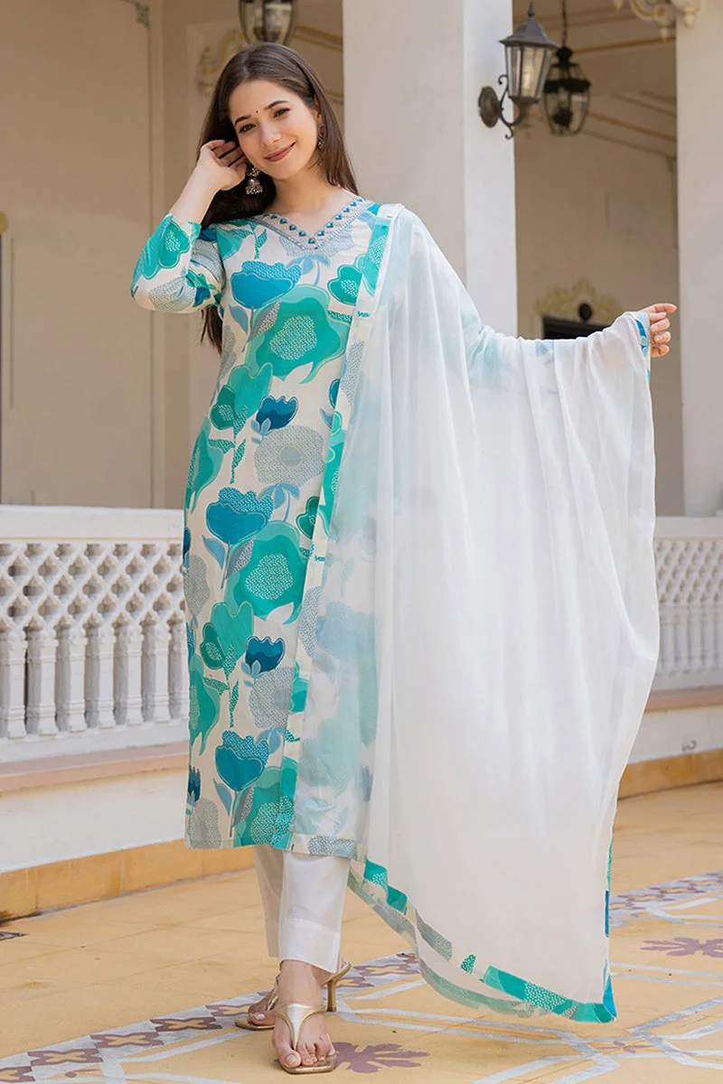 ZERESOUQ White Rayon Blend Floral Printed Straight Kurta Set