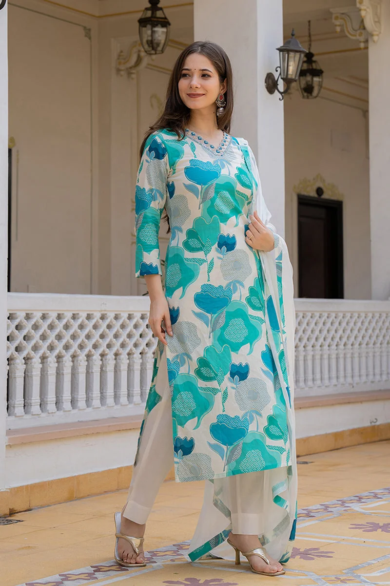 ZERESOUQ White Rayon Blend Floral Printed Straight Kurta Set