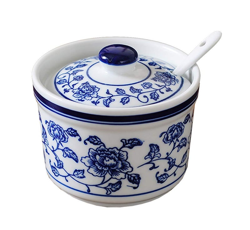 Retro Ceramic Blue and White Sugar Bowl Seasoning Pot Storage Jar with Lid
