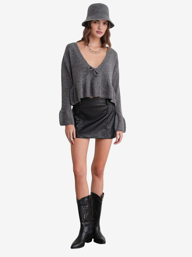 MixRay Mixray Tie Detailed Ruffled V-Neck Knit Sweater