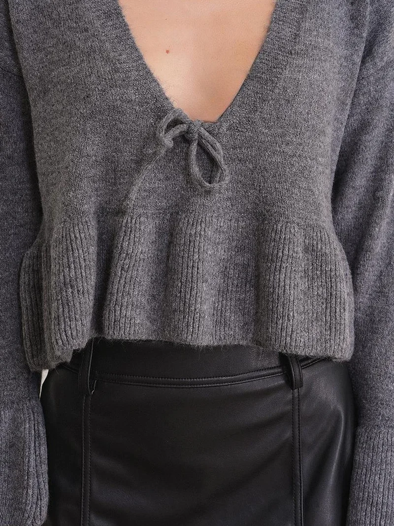 MixRay Dark Grey Mixray Tie Detailed Ruffled V-Neck Knit Sweater for Women | Best Price UAE