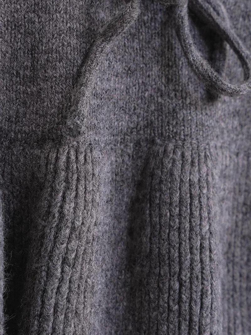 MixRay Dark Grey Mixray Tie Detailed Ruffled V-Neck Knit Sweater for Women | Best Price UAE