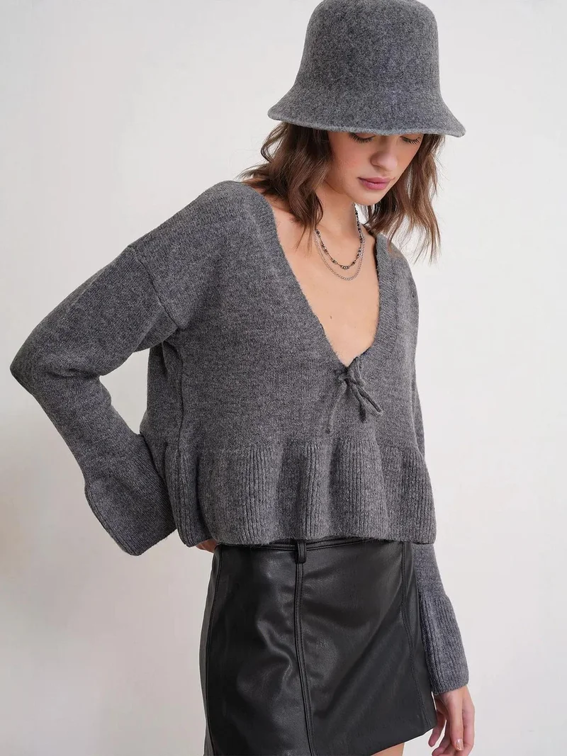 MixRay Dark Grey Mixray Tie Detailed Ruffled V-Neck Knit Sweater for Women | Best Price UAE