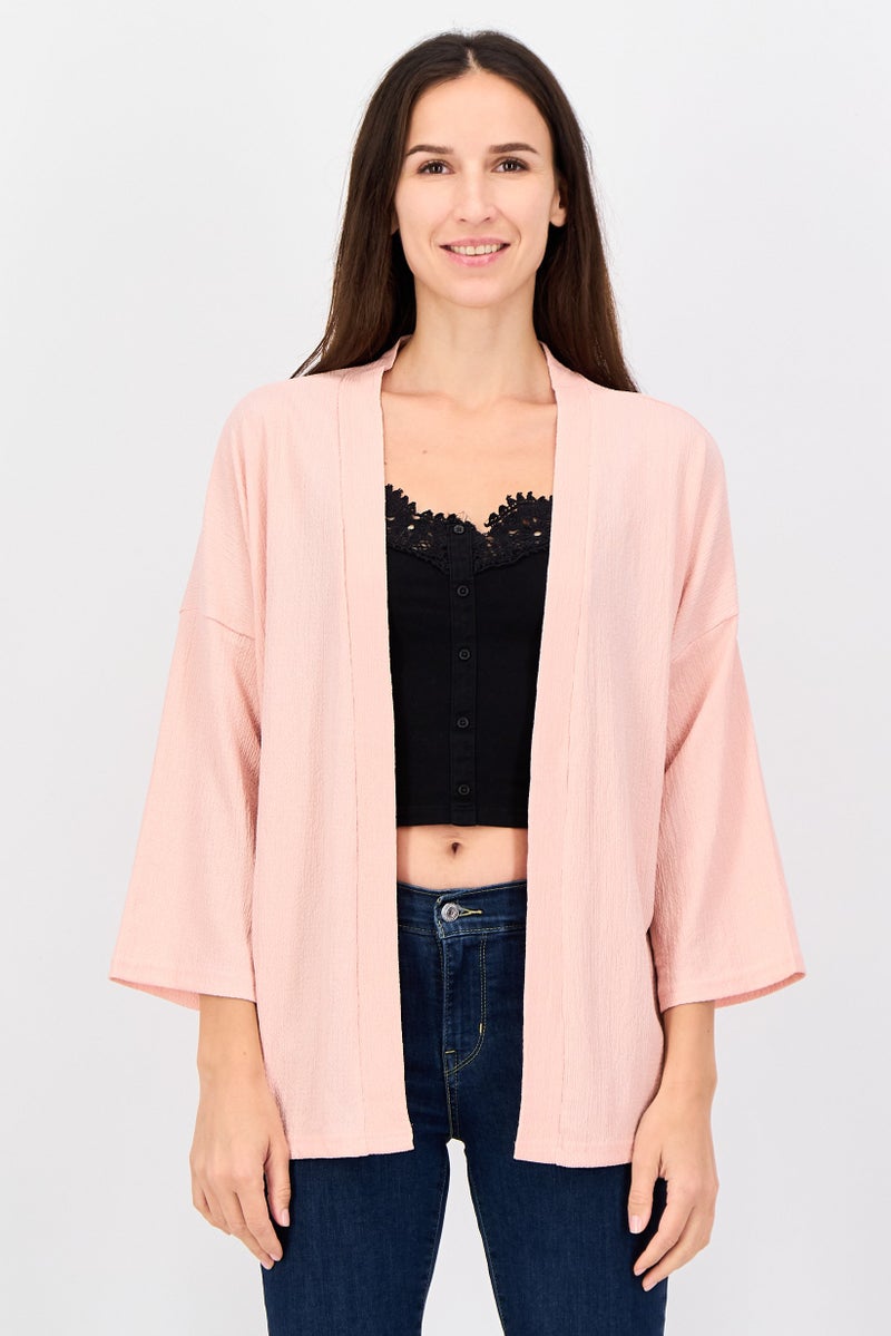 BIG DART Women Split Neck Textured Cardigan, Pale Pink - Image 1